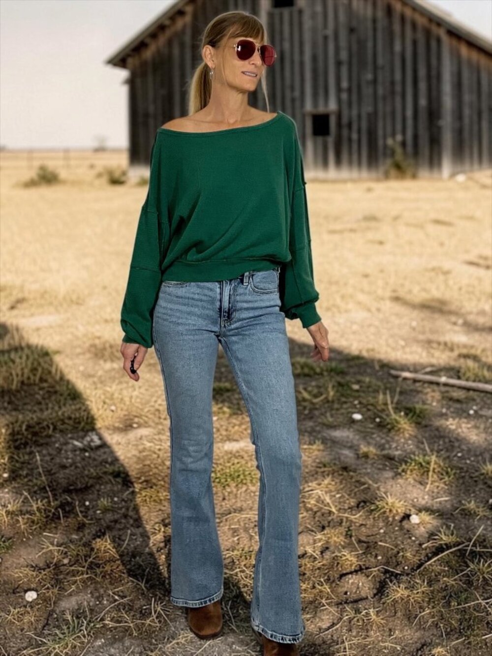 Free People We The Free Thermal Cropped Pullover Shirt XS Green Long Sleeve